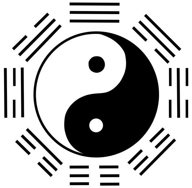 Yin-yang symbol inside a ring of the eight trigrams (bagua)